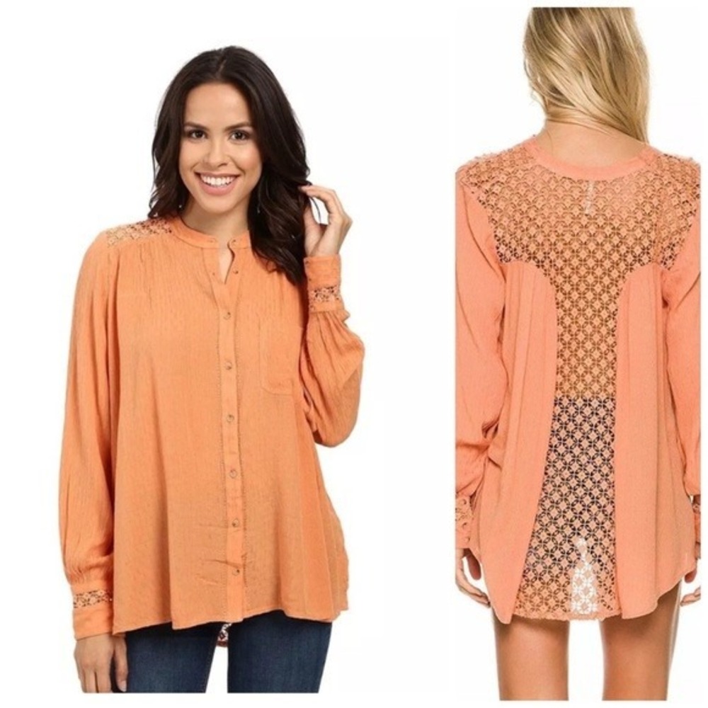Free People Women's Medium Peach Crochet Trim Long‎ Sleeve Button Down Top